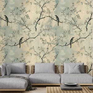 Bird Mural Wallpaper, Chinoiserie Removable Wallpaper, Neutral Wall Mural, Beige Floral Peel and Stick TG11