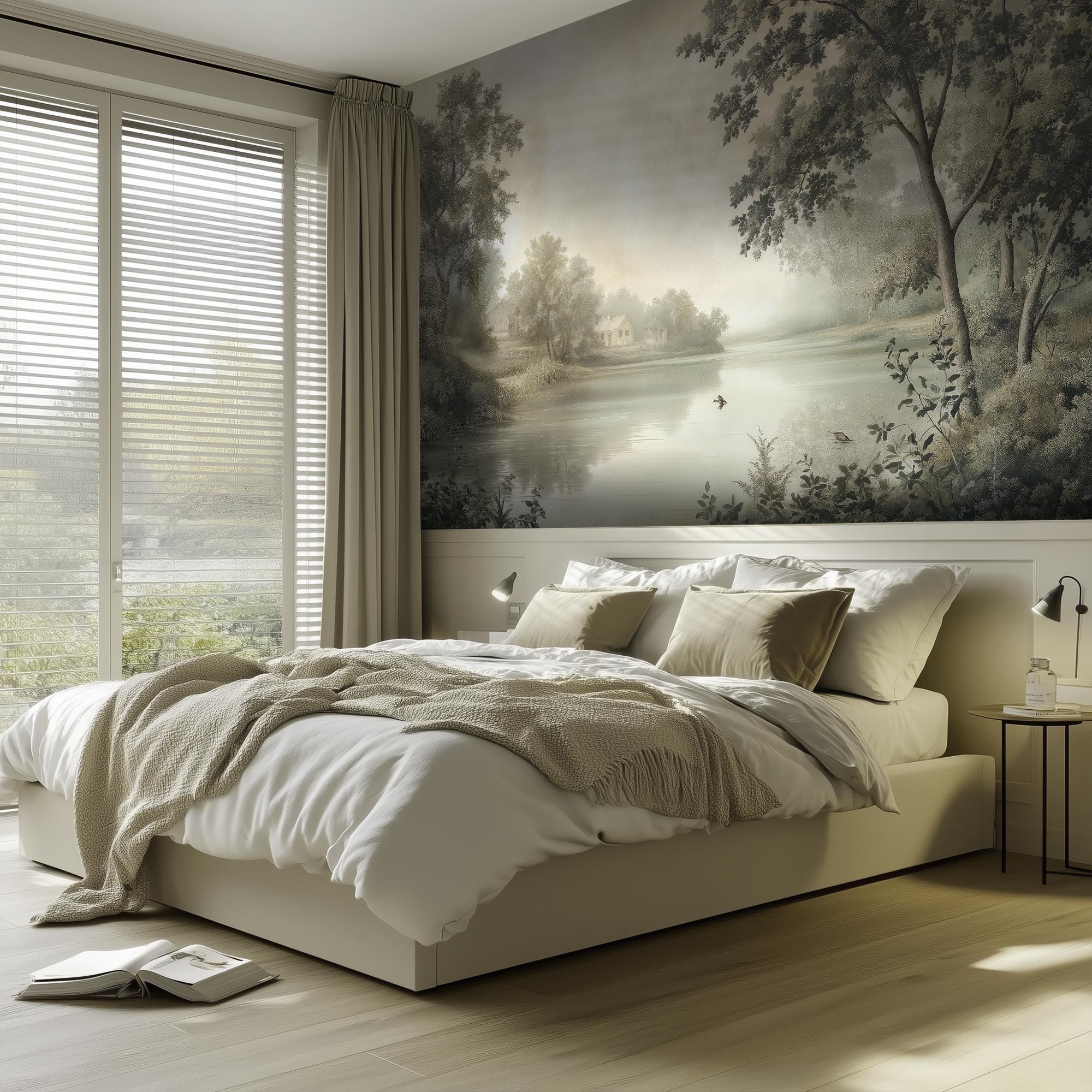 Vintage Scenic Wall Mural, Removable Green Landscape Wallpaper, Antique ...