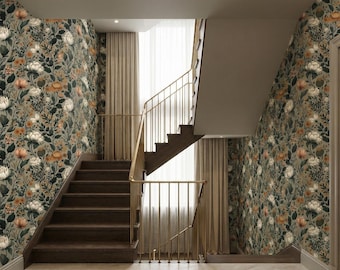 Whimsical Dark Green Floral Wallpaper – Removable Nature Mural, Bathroom & Bedroom Wall Covering BM58