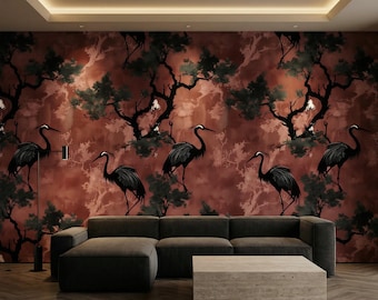 Dark Red Heron Wallpaper: Vintage Chinoiserie Crane Bird Wall Mural
