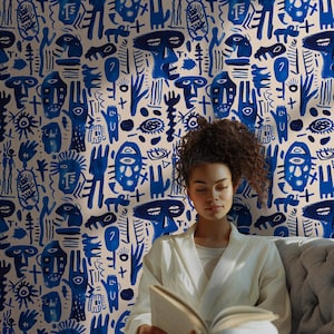 抽象的な青いトライバル壁紙：モダンで芸術的な壁装飾 - BM24