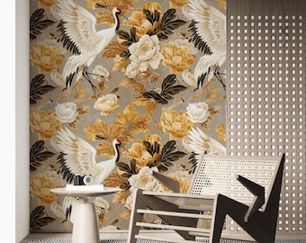 Gold Heron Vintage Wallpaper: Crane Birds Wall Mural - BC06