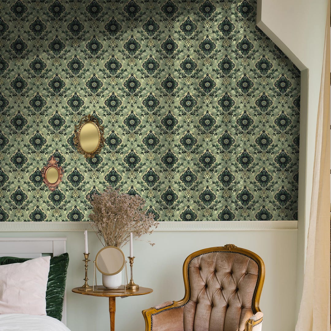 Vintage Green Damask Wallpaper – Elegant Baroque Floral Wall Mural VN26 ...
