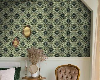 Tapeta w stylu vintage w kolorze zielonego damasceńskiego – elegancki barokowy kwiatowy mural VN26