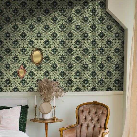 ヴィンテージグリーンダマスク壁紙 – エレガントなバロック調花柄壁画