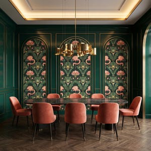 Dark Floral Flamingo Wallpaper: Art Deco Botanical Mural - DB09 image 2