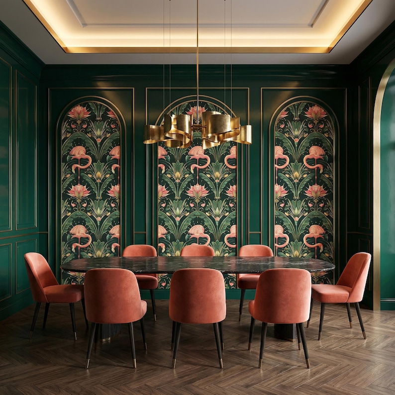 Dark Floral Flamingo Wallpaper: Art Deco Botanical Mural - DB09 image 2