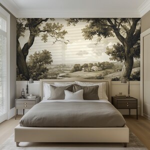 May include: A bedroom featuring a bed with a neutral-toned comforter and pillows. The focal point is a sepia-toned mural depicting a landscape with trees and a distant house. Two nightstands with lamps flank the bed.