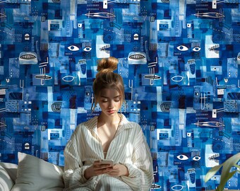 Papel pintado estilo arte callejero azul cobalto: Arte de pared geométrico de diseño