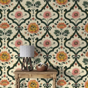 Vintage Floral Wandbild, Boho Peel und Stick Tapete, Beige Abnehmbare Tapete, Renter freundlich BF01