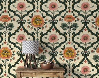 Vintage Floral Wall Mural, Bohemian Peel and Stick Wallpaper, Beige Removable Wallpaper, Renter Friendly BF01