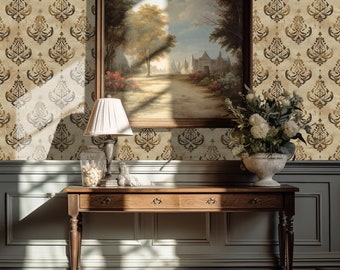 Damask Wallpaper: Beige Ornamental Pattern for Entryway, Hallway, Accent Wall - VN07