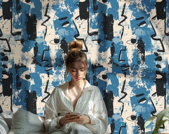 Navy Blue Basquiat print Wallpaper Abstract Moody Wallpaper Basquiat Designer Wall Art Trendy Wallpaper BM08