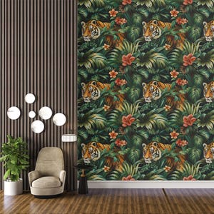 May include: Wallpaper featuring a repeating pattern of tigers amidst lush green foliage and vibrant orange flowers. The design evokes a tropical jungle theme, with a dark background that highlights the colorful elements. The wallpaper adds a bold, exotic touch to any interior space.