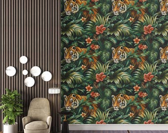 Papel pintado de selva tropical con tigres: Mural de pared con estampado de animales botánicos exóticos para interiores atrevidos - TE13
