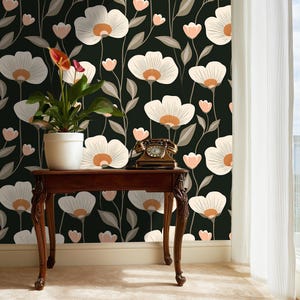 Dunkles botanisches Blumenwandbild - abnehmbare Tapete, Boho-dekorative Tapete zum Abziehen und Aufkleben BM39