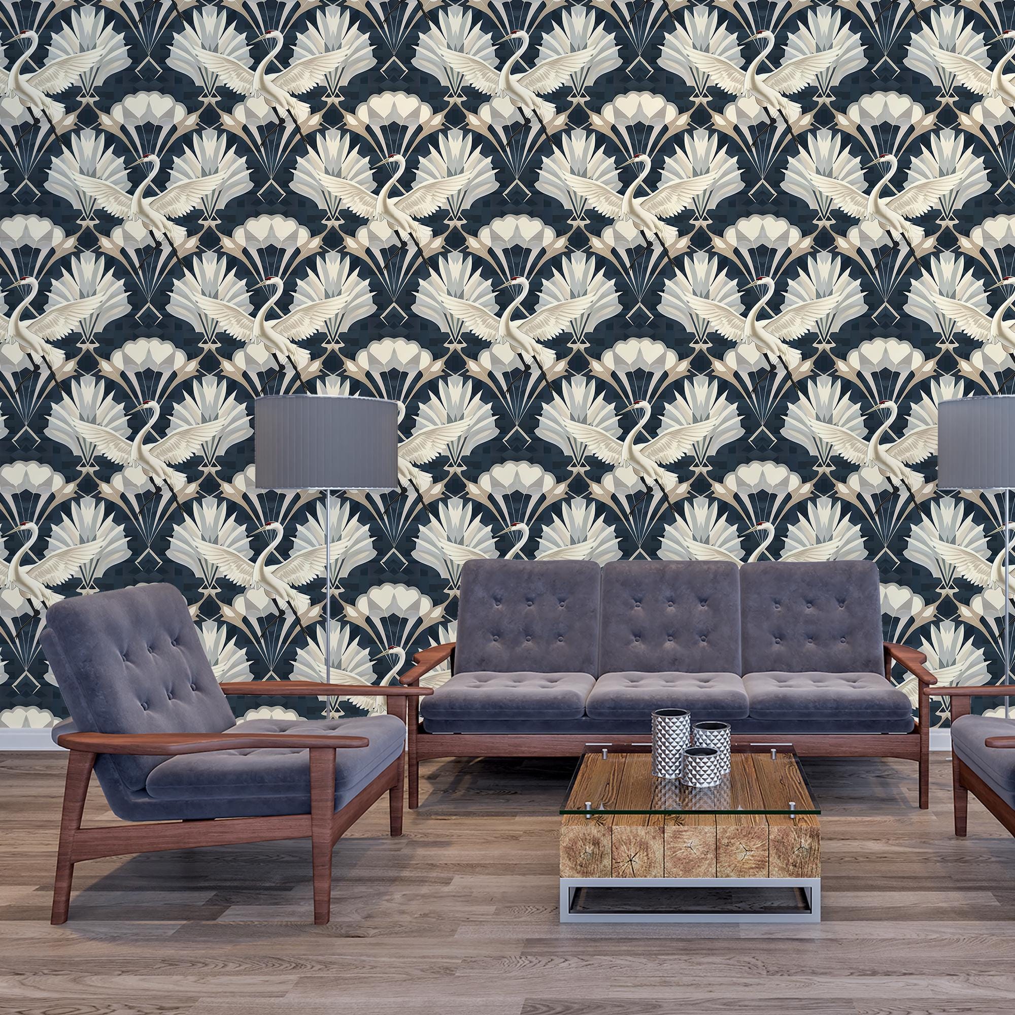Art Deco Crane Wallpaper: Vintage Bird Pattern, Elegant Statement Wall ...