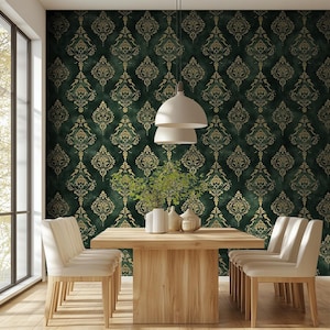 May include: A dining room featuring a wooden table and chairs, set against a dark green damask wallpaper with gold accents. The room is illuminated by a modern pendant light and natural light from a large window.