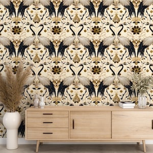 Crane Bird Mural Wallpaper, Whimsical Botanical Peel and Stick, Maximalist Removable Art Deco Accent Decor DB02