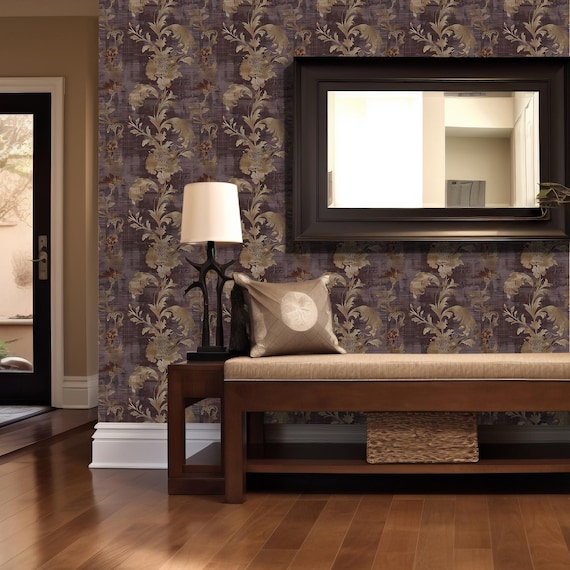 Plum Damask Wallpaper: Vintage Acanthus Pattern for Entryway, Hallway - VN65