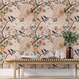 Bird Mural Wallpaper: Chinoiserie Pink Floral Peel and Stick