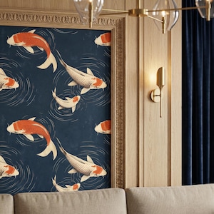 Marineblaue Koi Fisch Tapete: Chinoiserie Japanische Wandkunst