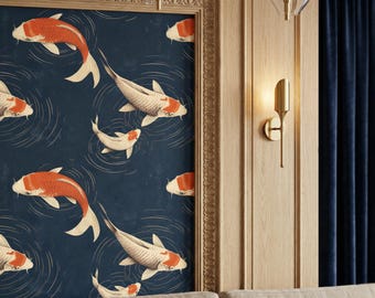 Marineblauw behang met koivissen: chinoiserie Japanse muurkunst