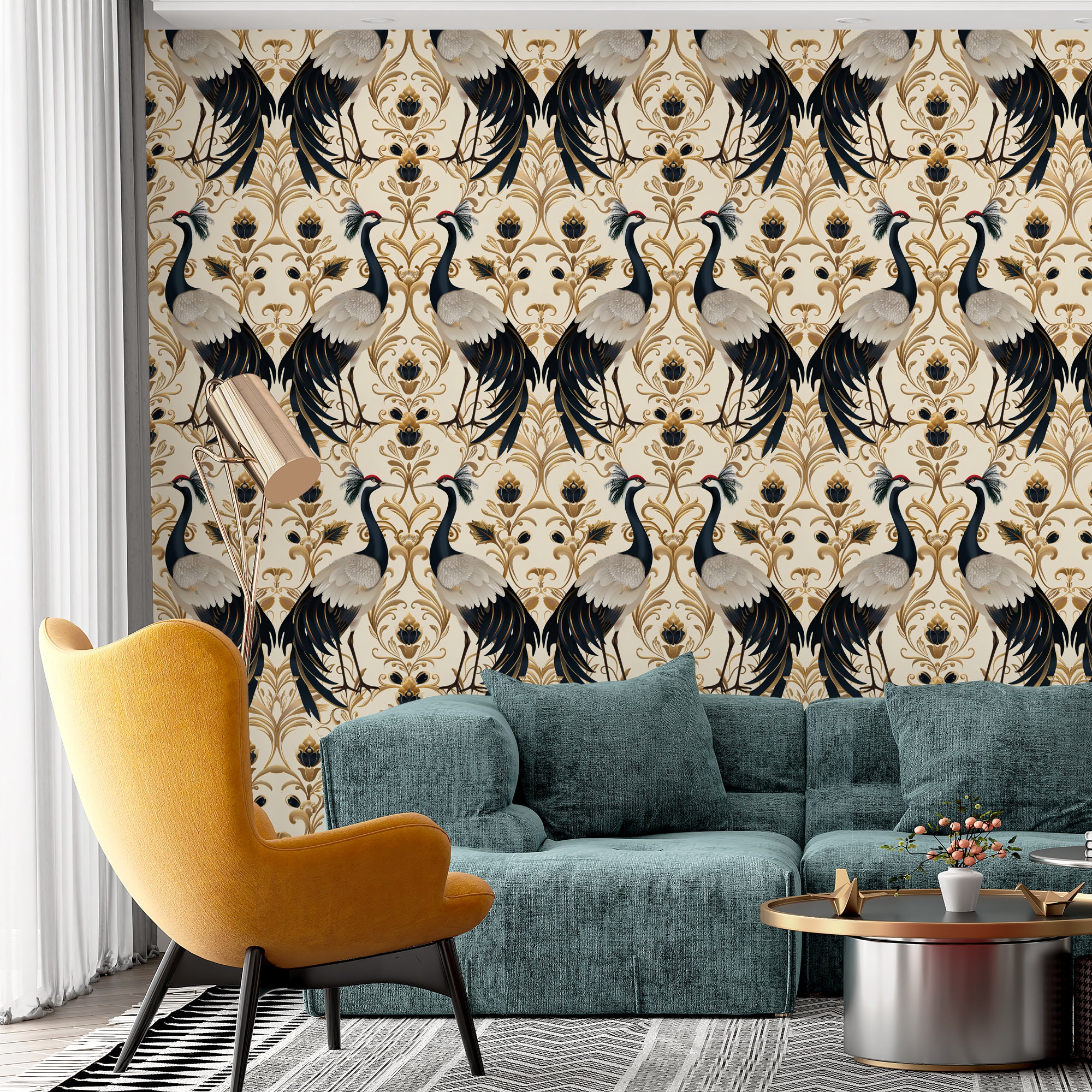 Crane Bird Wallpaper: Botanical Art Deco Peel and Stick Accent Wall - Etsy