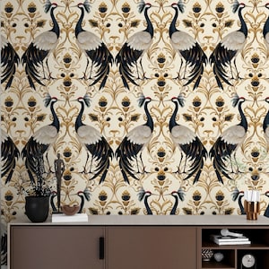 Crane Bird Mural Wallpaper, Whimsical Botanical Peel and Stick, Removable Art Deco Accent Wall Decor DB05