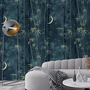 Wall in the presence ゆよゆっぺ Chinoiserie Mural Wallpaper, Bamboo Peel and Stick, Navy