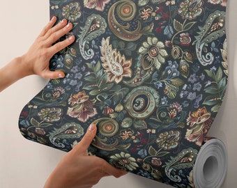 Dunkelgrüne Retro Paisley Tapete Modern Art Deco Tapete Trendiges Blumen Wandbild BR19