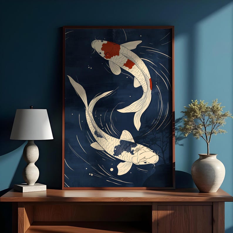 Chinoiserie Koi Fish Canvas Print: Navy Blue Japanese Wall Art - Etsy