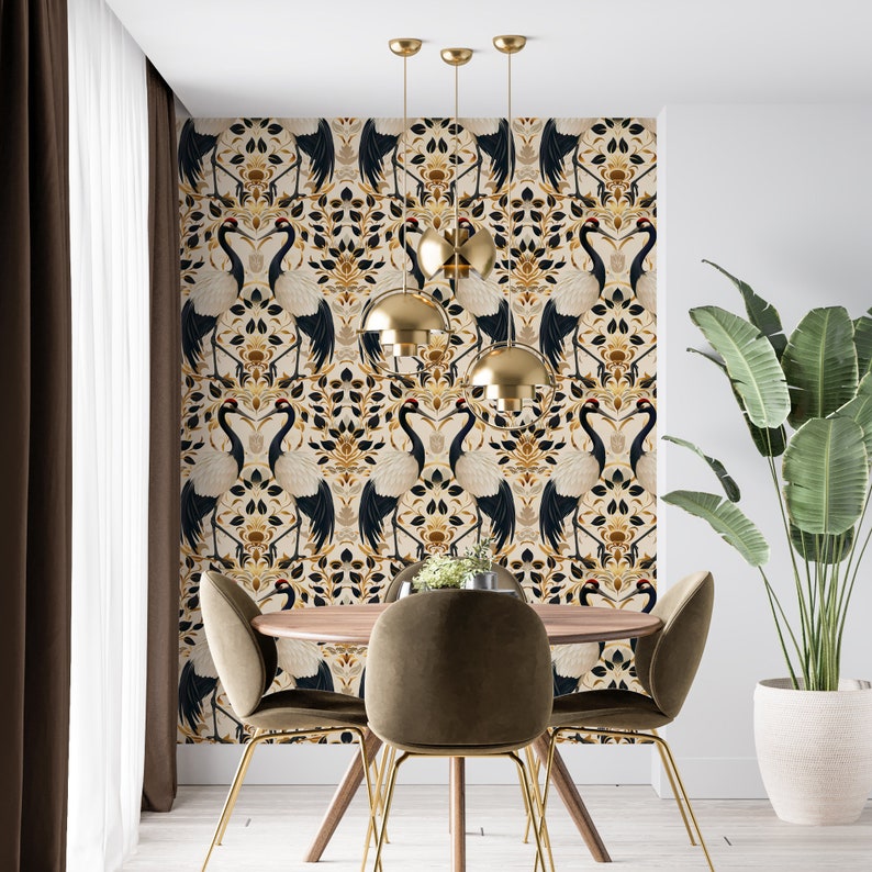 Art Deco Crane Wallpaper: Beige Elegance, Vintage Birds Wall Mural - Etsy