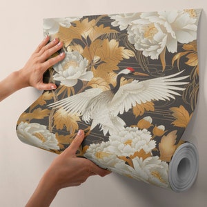 Carta da parati Gold Heron Vintage Chinoiserie Wall Art Crane Birds Carta da parati Crane Bird BC05