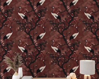 Dark Red Heron Wallpaper, Vintage Chinoiserie Wall Art, Crane Birds Wall Mural, BC02