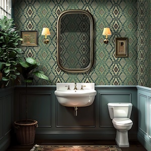 Vintage Cottage Green Peel and Stick Wallpaper, William Morris Farmhouse Decor, Renter Friendly Wall Art VN23