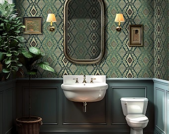 Vintage Cottage Green Peel and Stick Wallpaper, William Morris Farmhouse Decor, Renter Friendly Wall Art VN23