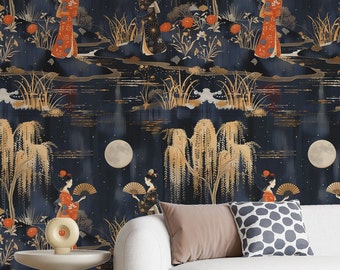 Navy Blue Chinoiserie Geisha Wall Art Decorative Asian Wallpaper Moody Japanese Wallpaper Japandi Wall Art GM09