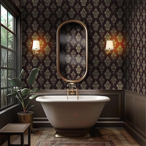Vintage Burgundy Floral Wallpaper – Dark Red Botanical Wall Mural, Removable Elegant Wall Decor VN58