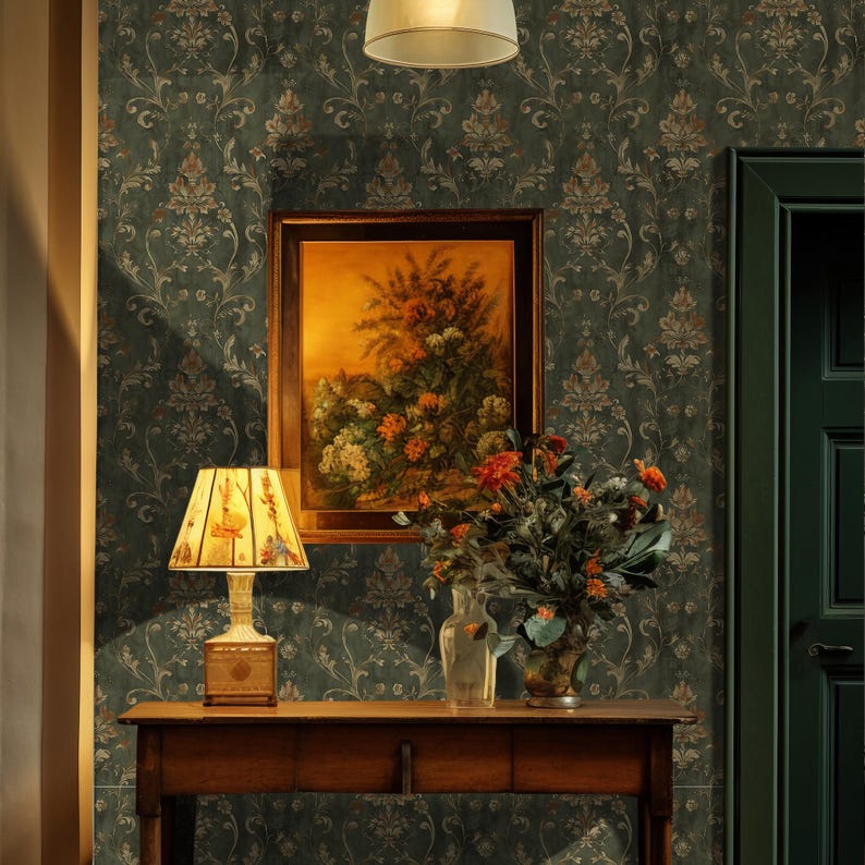 Enhance your home with our Vintage Dark Green Damask Removable Wallpaper. This wallpaper roll features an elegant bohemian damask pattern in rich dark green, ideal for adding a touch of vintage charm to any cottage or farmhouse decor.