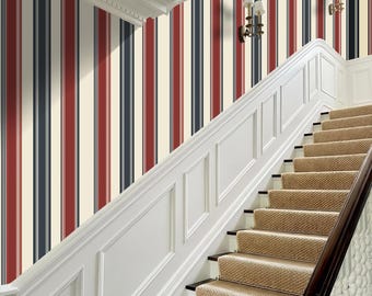 Vintage Striped Wallpaper in Burgundy and Navy: Classic Heritage Wall Covering  - WR25