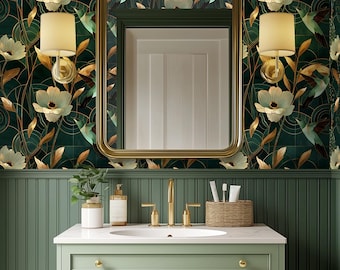 Green Art Deco Wallpaper: Dark Floral Pattern for Powder Room, Bathroom, Bedroom - DB14
