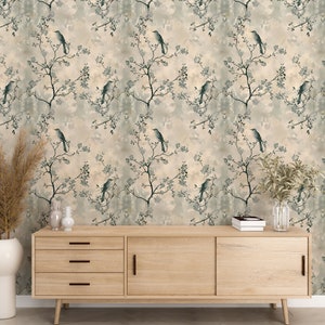 Beige Chinoiserie Bird Wallpaper Vintage Oriental Wallpaper Floral Mural TG05
