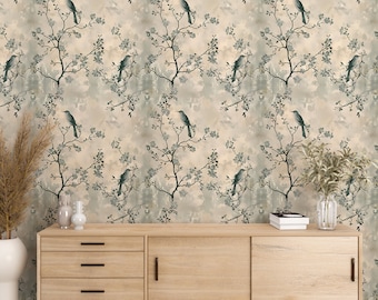 Beige Chinoiserie Bird Wallpaper Vintage Oriental Wallpaper Floral Mural TG05