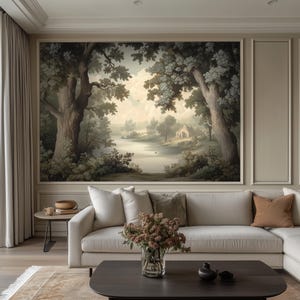 Removable Forest Wallpaper Mural, Vintage Green Tree Landscape, Self-Adhesive Custom Nature Wall Decor RO25