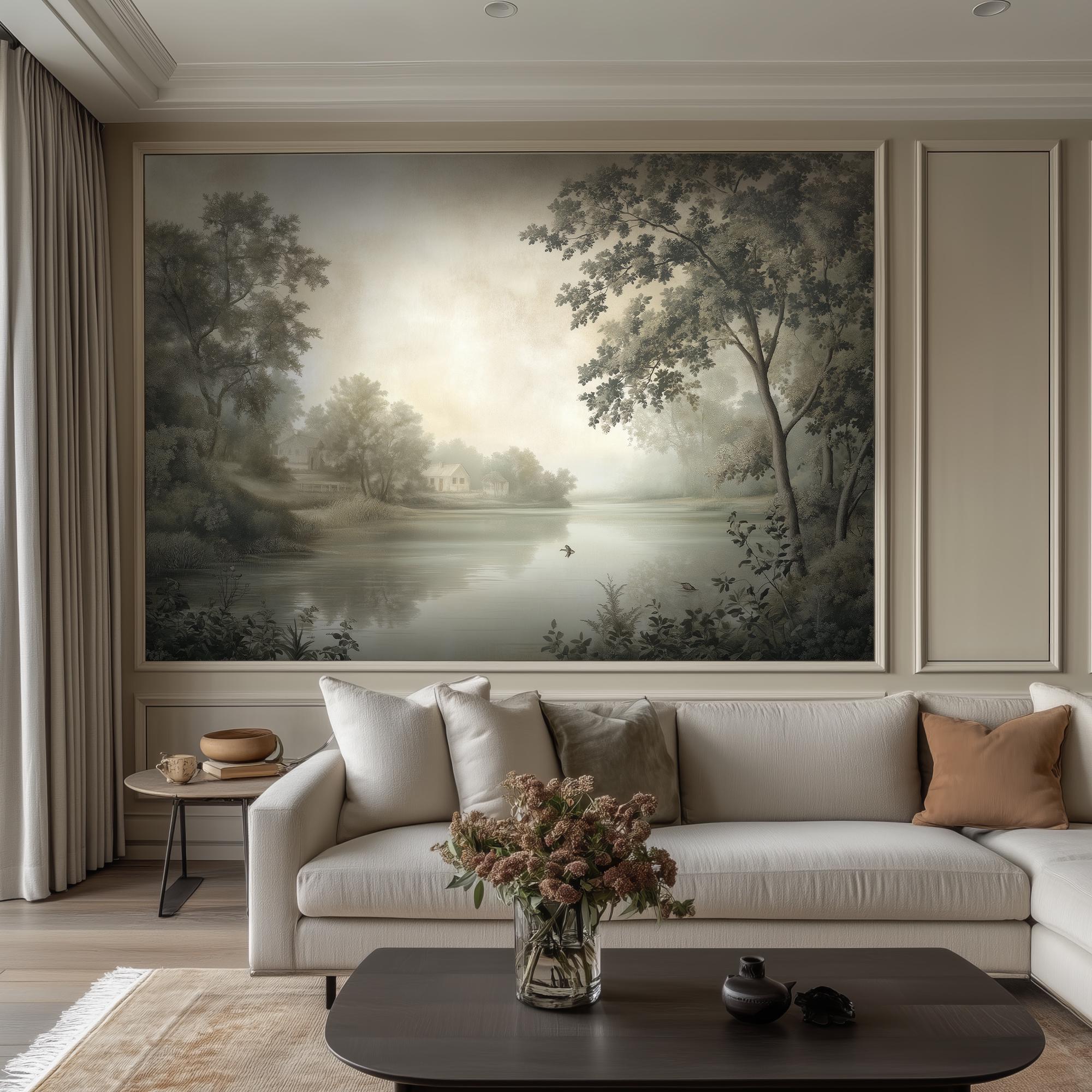 Vintage Scenic Wall Mural, Removable Green Landscape Wallpaper, Antique ...