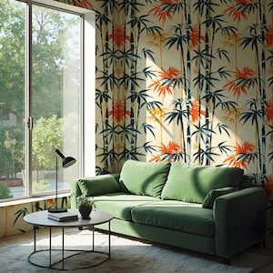 Chinoiserie Bamboo Wallpaper: Beige Asian Mural, Elegant Interior Wall Art