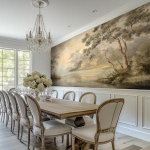 Removable Vintage Landscape Wall Mural, Elegant Tapestry Farmhouse Wallpaper, Customizable Pastoral Decor RO22