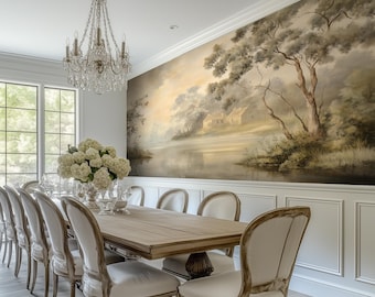 Removable Vintage Landscape Wall Mural, Elegant Tapestry Farmhouse Wallpaper, Customizable Pastoral Decor RO22
