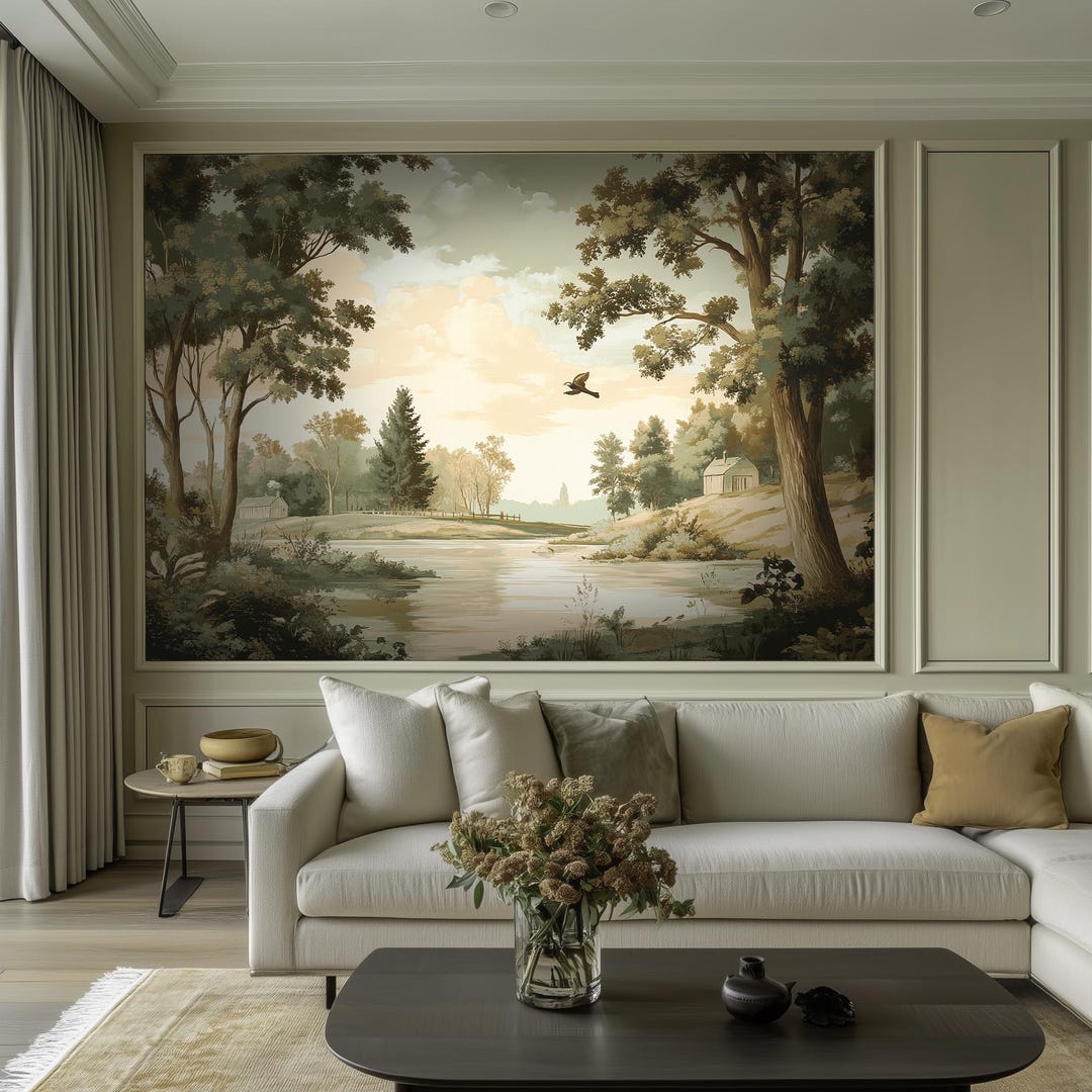 Vintage Landscape Mural Wallpaper: Pastoral Statement Wall for Calm ...